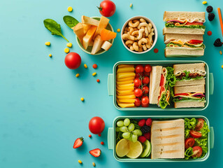 an appealing and health conscious school lunch scene captured from above the lunchbox features...