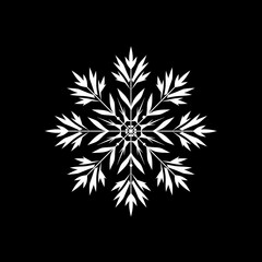 Minimalist snowflake illustration, bold white snowflake on a stark black background, highlighting the symmetry and beauty of its form