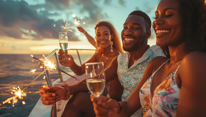 A group of people are on a boat, enjoying a night out with champagne