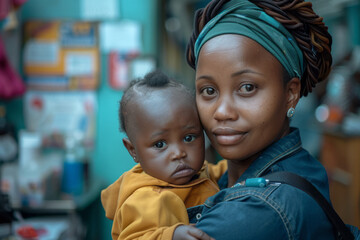 An image of a mother and her baby at a well-baby clinic, receiving vaccinations and growth monitorin - obrazy, fototapety, plakaty