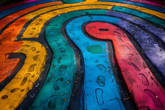 An image of a maze painted on the ground, where participants leave footprints in primary colors, gra