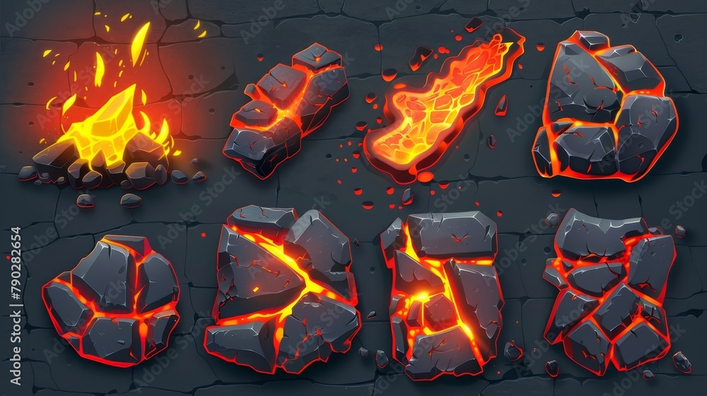 Poster modern volcanic set with cracks and light textures. fire and magma in broken stone effects with glow