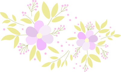 Pink flowers and green leaves on a transparent background.