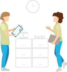 Medical clinic. Nurses are talking near the medicine cabinets. Doctors and nurses.