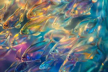Abstract patterns formed by a school of fish, shimmering scales and fluid motion