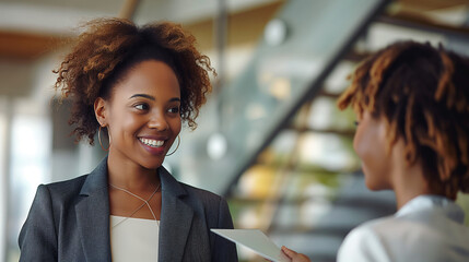 A happy Black businesswoman chats with her female mentor in the office building. - obrazy, fototapety, plakaty