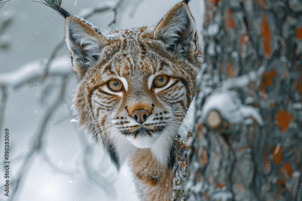 Poster an image of a secretive lynx with its piercing eyes, hidden partially behind a tree in a snowy fores
