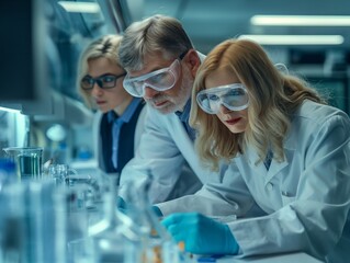 Three scientists in lab coats are looking at a computer screen. They are wearing safety goggles and gloves