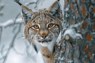 Obraz premium An image of a secretive lynx with its piercing eyes, hidden partially behind a tree in a snowy fores