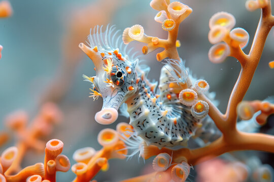 An image of a seahorse camouflaged among coral branches, its delicate features blending perfectly wi