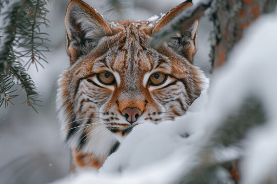 An image of a secretive lynx with its piercing eyes, hidden partially behind a tree in a snowy fores