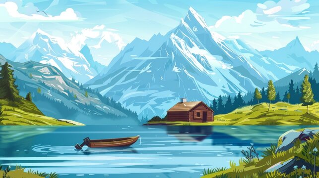 Cartoon view of the Swiss alps with a lone hut near a lake and a wooden boat in the water. Horizontal landscape with hills and ridge peaks.