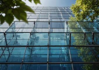 environmentally friendly, sustainable construction. Eco-friendly building. An environmentally friendly glass office block with a tree to offset carbon emissions. Green surroundings at the office. Corp - obrazy, fototapety, plakaty