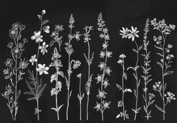 Sketch of field and meadow herbs in white outline on black background, trendy for eco design. Vector drawing of medicinal plants for packaging or textile