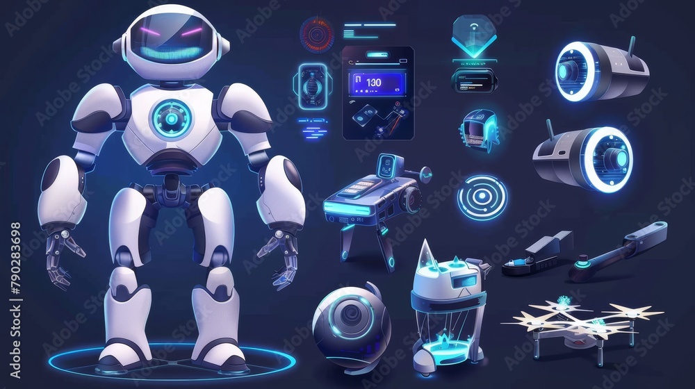 Poster conceptual illustration of future digital technologies. smart robot, virtual reality, network system