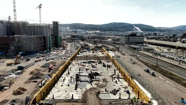 Aerial view on construction of Drammen hospital in Norway