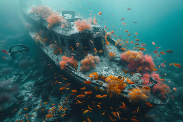 An image of an eerie shipwreck, now a thriving artificial reef, colonized by corals, sponges, and sc
