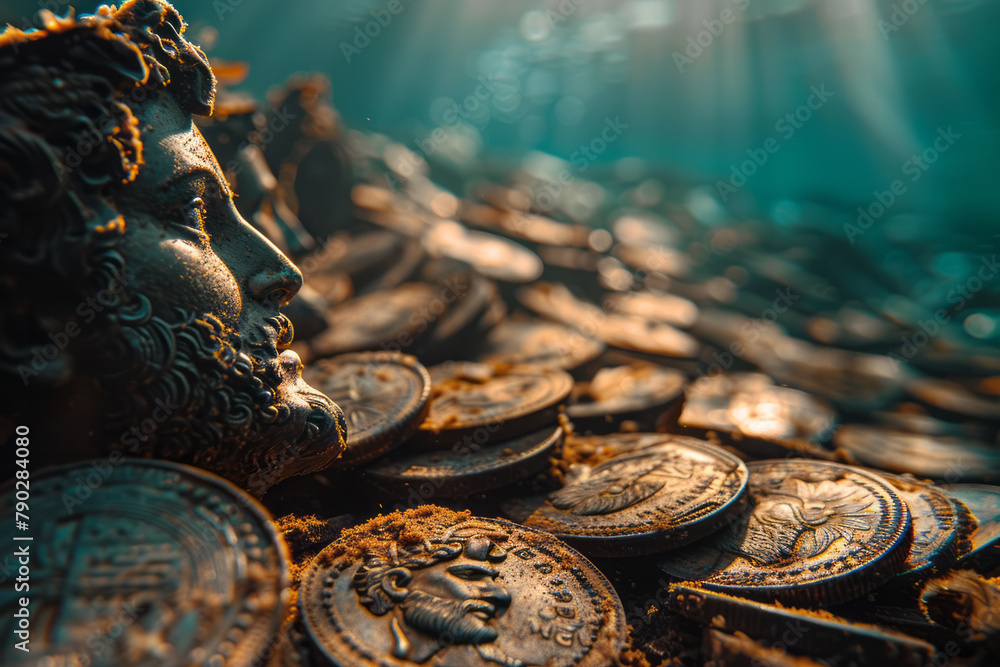 Poster an image showing a sequence of ancient coins from a sunken ship, each bearing the likeness of a diff