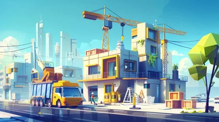  An illustration of a worker building a house with crane equipment. Construction project with a contractor team concept for maintenance. A food truck is near a man in a safety helmet holding © Mark