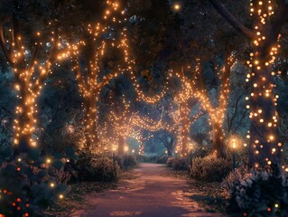 A path in a forest is lit up with Christmas lights. The lights are hanging from the trees and the ground, creating a warm and inviting atmosphere. The scene is peaceful and serene