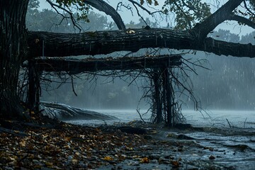 a tree branch sticking out over a flooded lake in the rain - obrazy, fototapety, plakaty