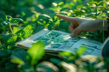 a person holding a book while reading in the field of plants