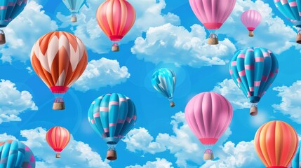 Three realistic 3D colorful hot air balloons in blue sky with white clouds. Seamless pattern of blue, pink and orange aircraft with basket.