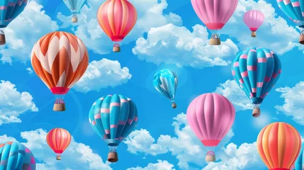 Abwaschbare Fototapete Heißluftballon Three realistic 3D colorful hot air balloons in blue sky with white clouds. Seamless pattern of blue, pink and orange aircraft with basket.