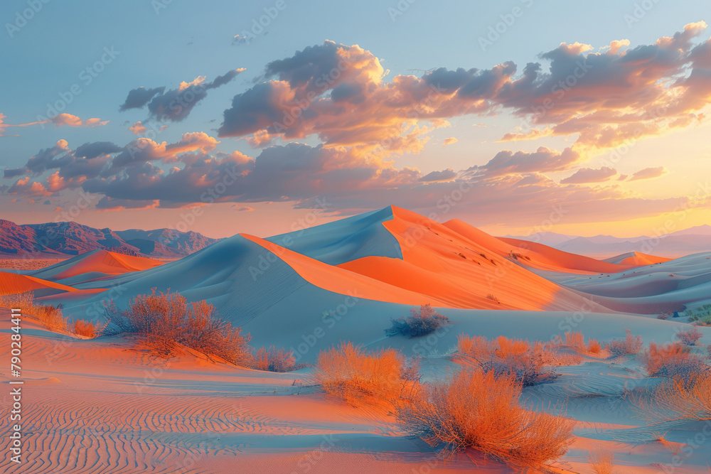 Poster a panoramic view of a vast desert, the dunes forming undulating patterns and textures, highlighted b