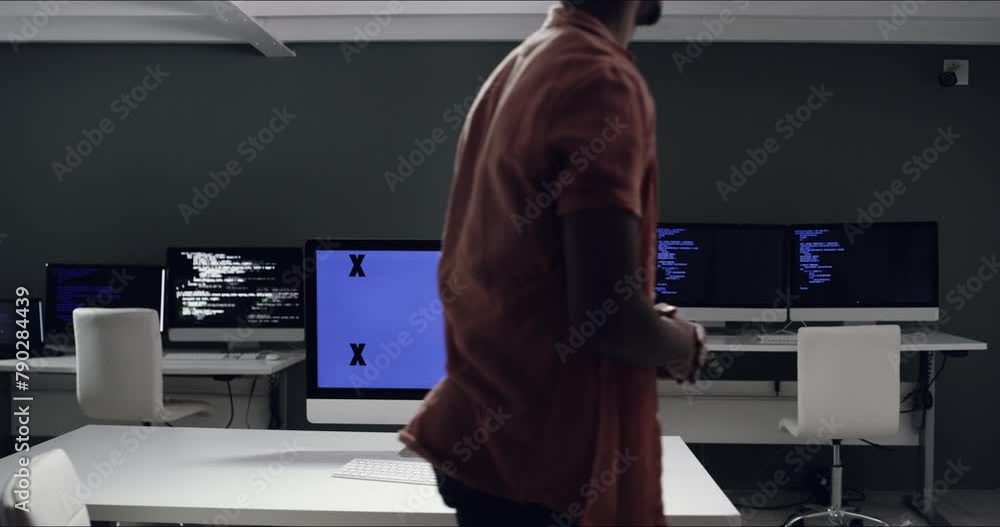 Leinwandbilder Coding, virtual computer screen and man programming, server, online code or software for information technology. Mockup space, tracking markers or professional programmer work on HTML script at night