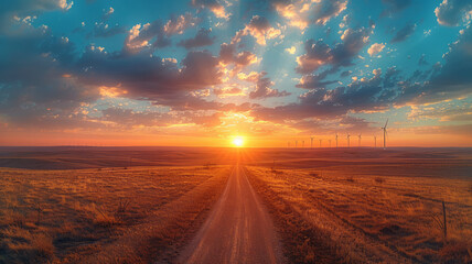 A panoramic view of a wind farm at sunset, the turbines casting long shadows across the land as they - obrazy, fototapety, plakaty
