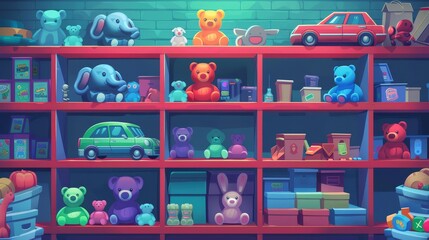 Modern illustration of a toy shop in the interior with a carousel of toys. The cart has a happy teddy bear, elephant, car, and plush bunny for kindergarteners. - obrazy, fototapety, plakaty
