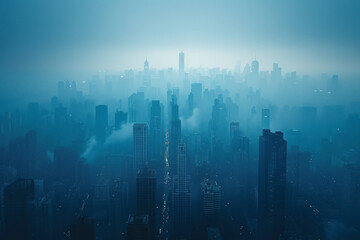 A photograph of a city skyline with visible air quality alerts, the environment a haze of pollution - obrazy, fototapety, plakaty