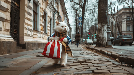 Fototapeta na wymiar a human-like white cat dressed in a blue jacket, carrying a red striped bag, walking confidently on a cobblestone street, in America