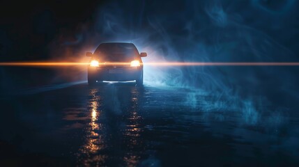 Illustration of realistic car headlight flare with smoke at night. 3D flash neon bulb vehicle technology shiny glare. Lense ray png with mist. - obrazy, fototapety, plakaty