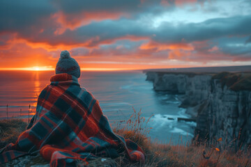 A photograph of a cliffside view overlooking the ocean, where viewers sit wrapped in blankets, capti - obrazy, fototapety, plakaty