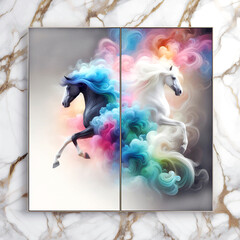 blue pink smoke horse panel wall art, room decoration with luxurious marble background, wall mockup decor pattern, 3d illustration  - Generative AI	