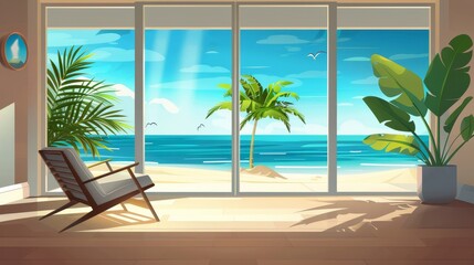 Tropical hotel room window view overlooking the sea and beach. Interior of an empty villa house near the ocean and palm tree for a peaceful Mediterranean getaway. Horizontal mediterranean vacation