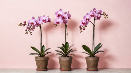 Tree violet flowering ornamental orchid with wide green leaves in brown ceramic pot stands on floor. On background of pink wall with space for text. Exotic houseplant. Copy space.