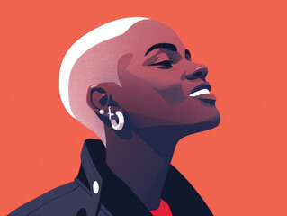 An illustration of a joyful woman with stylish mouth piercings and a modern haircut against a warm background.