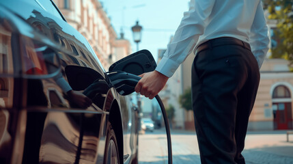Businessman charges the electric vehicle at a city charging station. on a sunlit city street, embodying a commitment to a sustainable lifestyle.