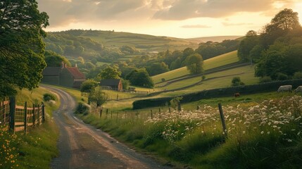 A picturesque countryside landscape with rolling hills, winding country roads, and quaint cottages nestled among fields of blooming flowers and grazing livestock, - obrazy, fototapety, plakaty