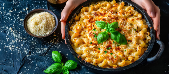 hands of cook serving a Macaroni and Cheese: A comfort food favorite in the United States, macaroni and cheese is a creamy and cheesy pasta dish made with elbow macaroni and a blend of melted cheeses - obrazy, fototapety, plakaty