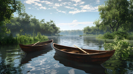 Naklejka na ściany i meble Idyllic Serenity: Punt Boats gently Floating on a Tranquil Lake Surrounded by Nature's Beauty