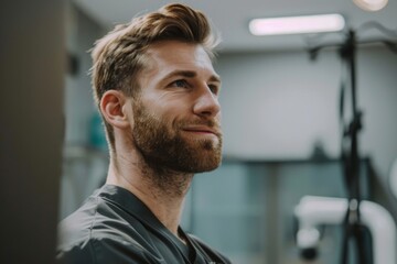 A male physical therapist in sporty medical attire, demonstrating a stretch with a resistance band, his expression encouraging, set in a well-lit therapy room