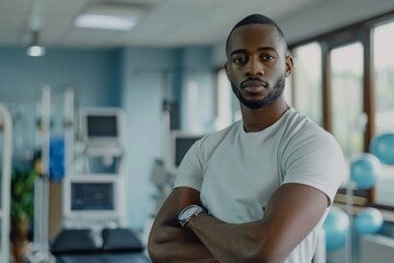 A male physical therapist in sporty medical attire, demonstrating a stretch with a resistance band, his expression encouraging, set in a well-lit therapy room