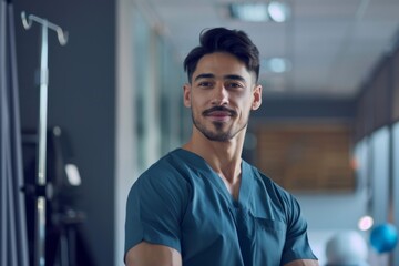 A male physical therapist in sporty medical attire, demonstrating a stretch with a resistance band, his expression encouraging, set in a well-lit therapy room