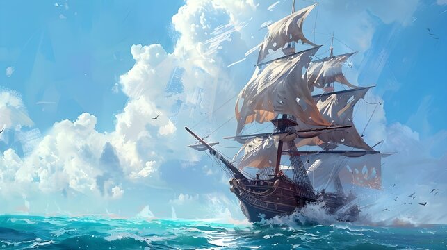 Sail boat antique on the ocean