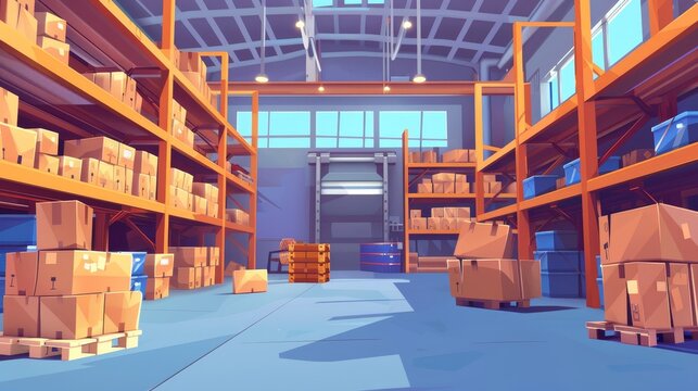 Large warehouse interior with wooden containers, cardboard parcel boxes, pallets and metal shelves and racks in a cartoon modern illustration.