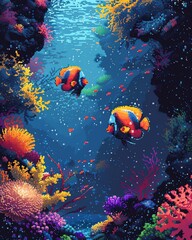 Capture a mesmerizing underwater world scene in a pixel art style, depicting a deep-sea romance story between two colorful angelfish